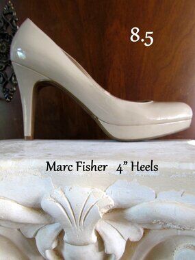 NUDE HEELS 8.5 MARC FISHER PLATFORM BEIGE BONE PUMPS w 4" HEELS, CLASSIC STYLE